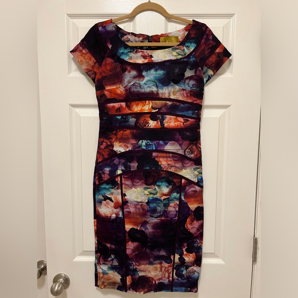 Nicole Miller Eggplant and Multicolor Floral Bodycon Midi Dress